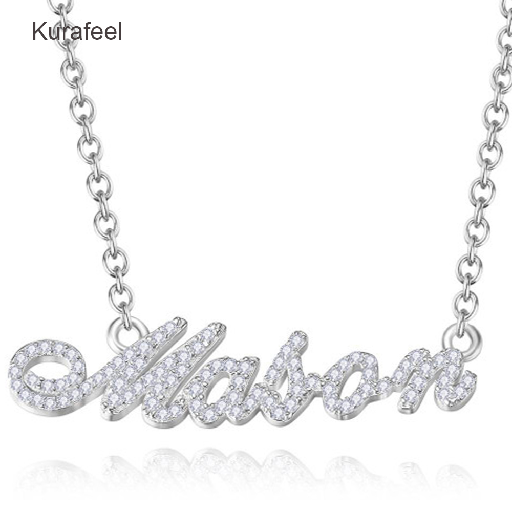 custom nameplate inlaid shiny crystal rhinestone English name pendant necklace